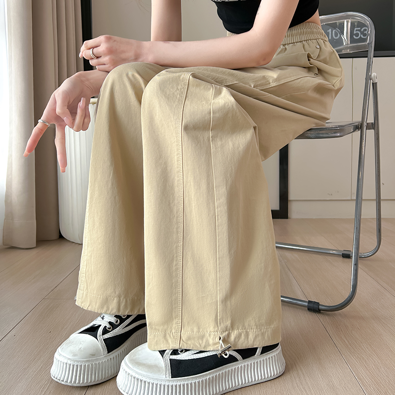 봄 여름 새로운 와이드 레그 팬츠 하이웨이스트 순면 운동 바지 다용도 조거 둘 착용 캐주얼 바지 루즈핏 레트로 스트레이트 팬츠