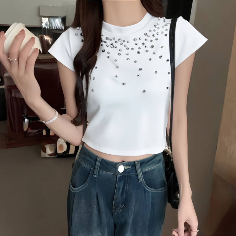 FA22909# 夏季性感辣妹风闪闪镶钻螺纹短袖正肩T恤女短款露脐上衣 服裝批發女裝批發服飾貨源