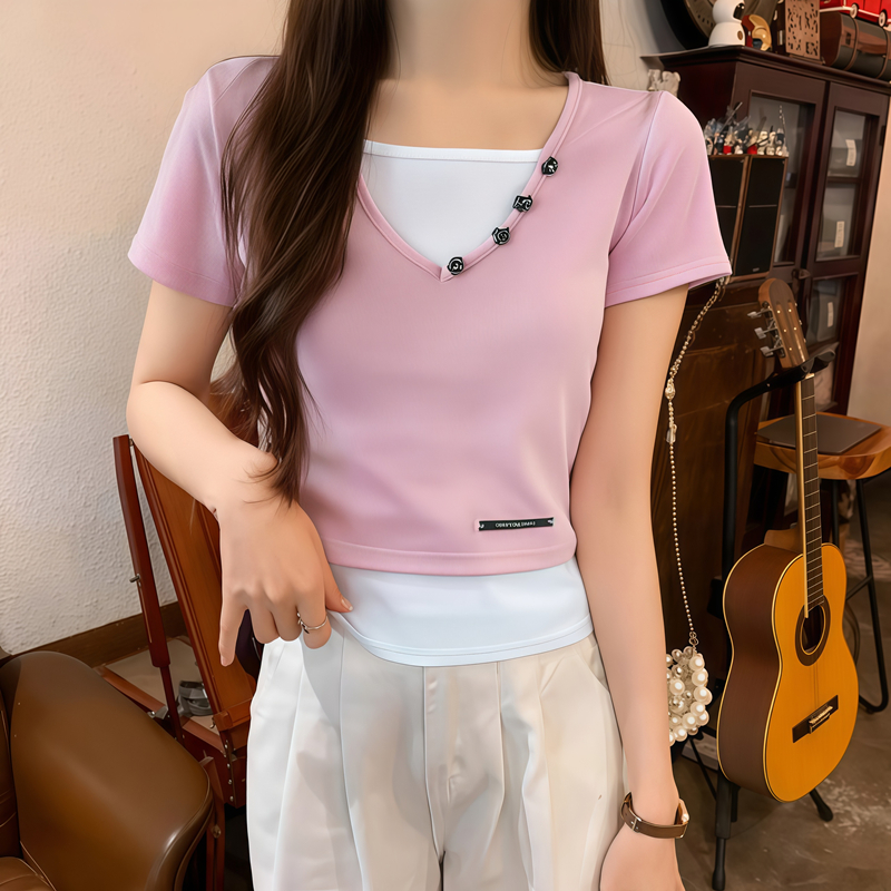 MY5106# 夏季韩版修身撞色假两件纽扣设计感纯棉短袖上衣T恤女女裝貨源服裝批發