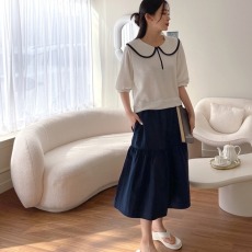 批发春新 韩国代购<b class='q'>正品</b>女装 时尚配色拼接裙摆娃娃翻领短袖<b class='q'>连衣裙</b>