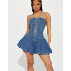 批发51236欧美连衣裙弹力牛仔女拉链系带裹胸性感<b class='q'>透明</b><b class='q'>肩带</b>短款荷叶裙