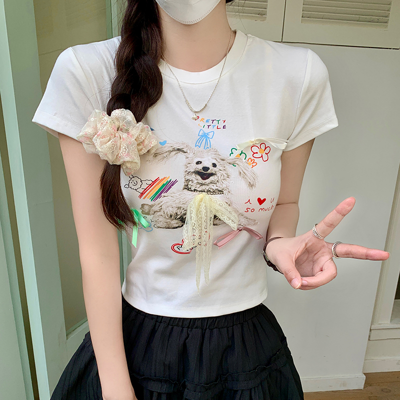 MY3245# 短袖t恤夏刺绣花正肩修身短款圆领上衣女装女裝貨源服裝批發