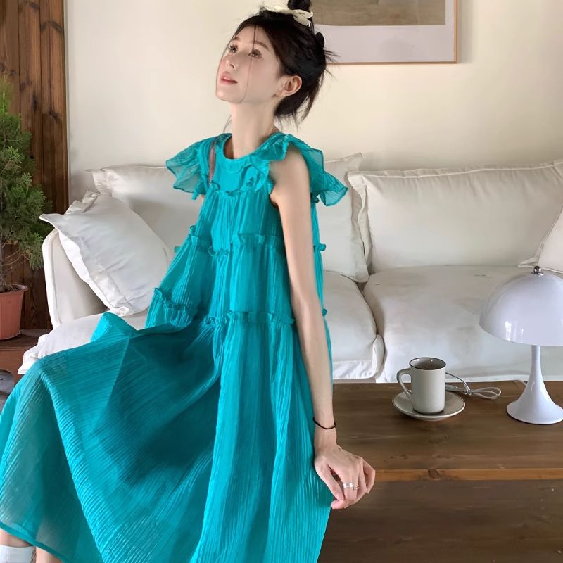 원본 원단 레이크 블루 색상 작은 날다 소매 슬립 여성 드레스 봄 여름 도파민 삼아 해변가 휴가 해변