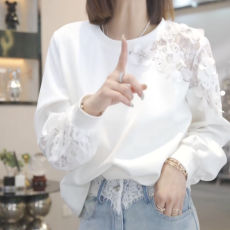 法式纯色蕾丝拼接立体花朵长袖2025秋季新款时尚圆领气质减龄