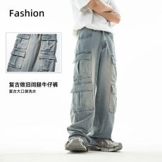 批发实拍潮牌 工装多口袋设计牛仔裤做旧洗水<b class='q'>复古</b><b class='q'>日系</b>休闲