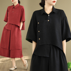 批发实拍2026春<b class='q'>夏</b>新款宽松文艺不规则上衣松紧腰阔腿裤休闲两件套女装