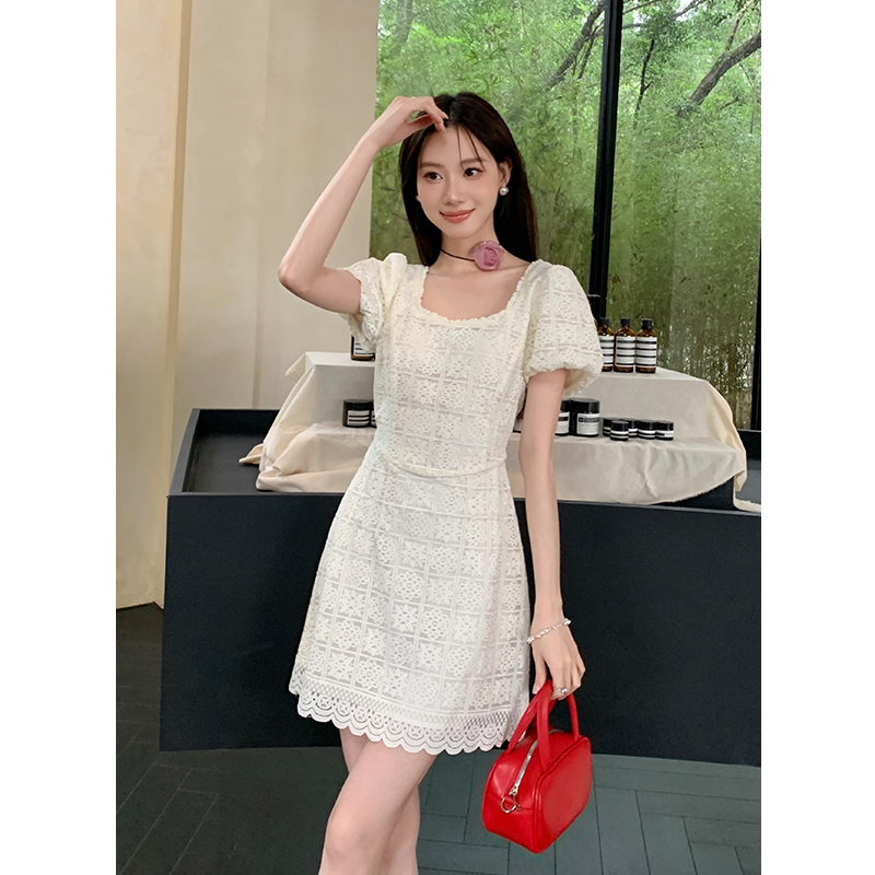 FA28383# 夏季新款法式优雅方领纯色蕾丝裙子短袖连衣裙女 服裝批發女裝批發服飾貨源