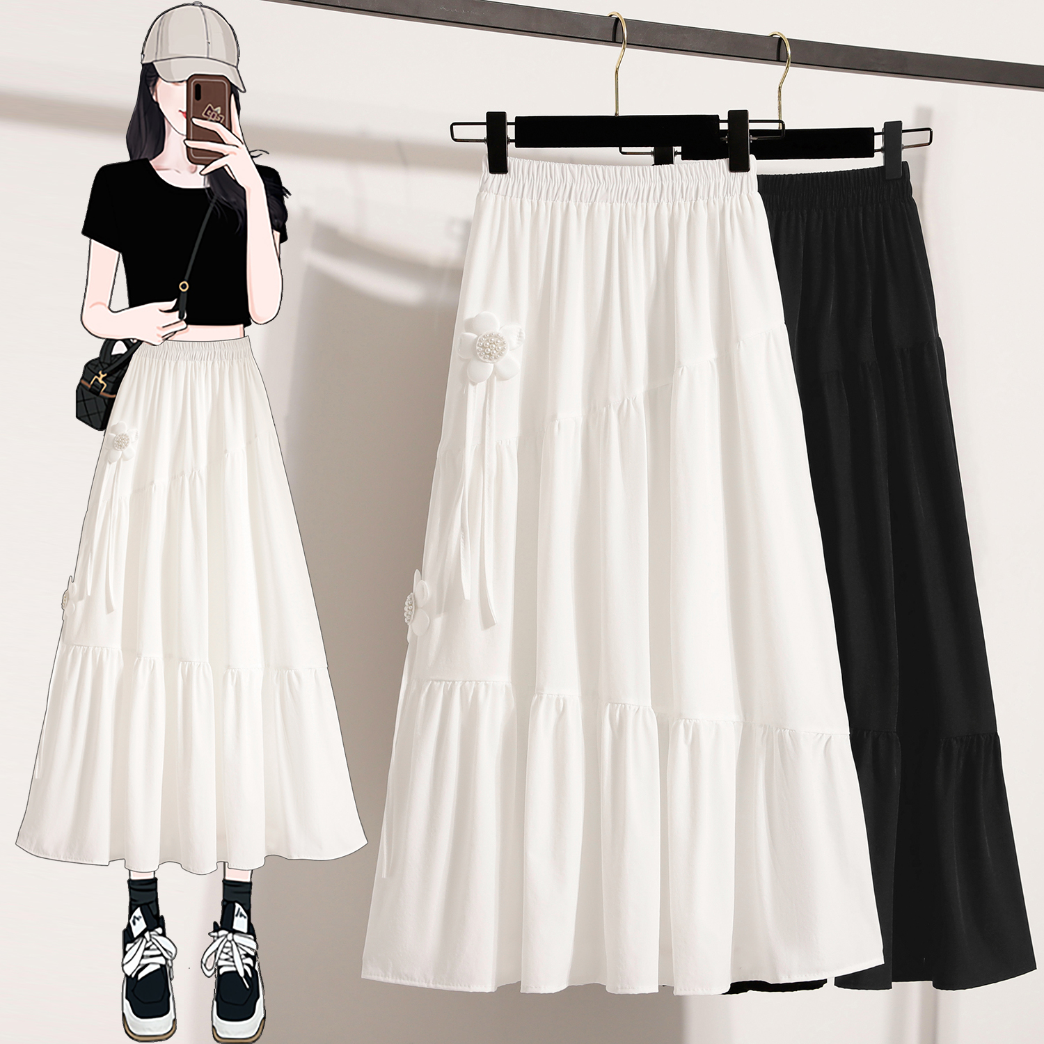 MY14847# 大码花朵铜氨丝半身裙女夏季新款小个子黑色裙子半裙长裙女裝...