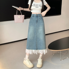 批发实拍2026新款高腰a字裙中长款蕾丝拼接牛仔半身裙女