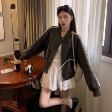 批发Hhyii 甜酷碰撞 深咖色皮衣外套女高级感美拉德皮夹克棒球服上衣