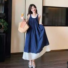 批发格子无袖连衣裙法式风森系<b class='q'>复古</b>小清新度假吊带背心<b class='q'>长裙</b>