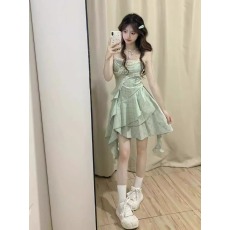 批发2026<b class='q'>新款</b>少女风甜美绿色无袖吊带裙学生收腰显瘦不规则中长裙