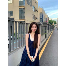 原版做法  格子无袖连衣裙法式风森系复古小清新度假吊带背心长裙