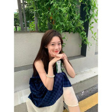 批发原版做法  格子无袖<b class='q'>连衣裙</b>法式风森系复古小清新度假吊带背心长裙