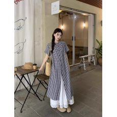 批发日系复古格纹连衣裙女夏季新款小众圆领宽松<b class='q'>衬衫</b>长裙