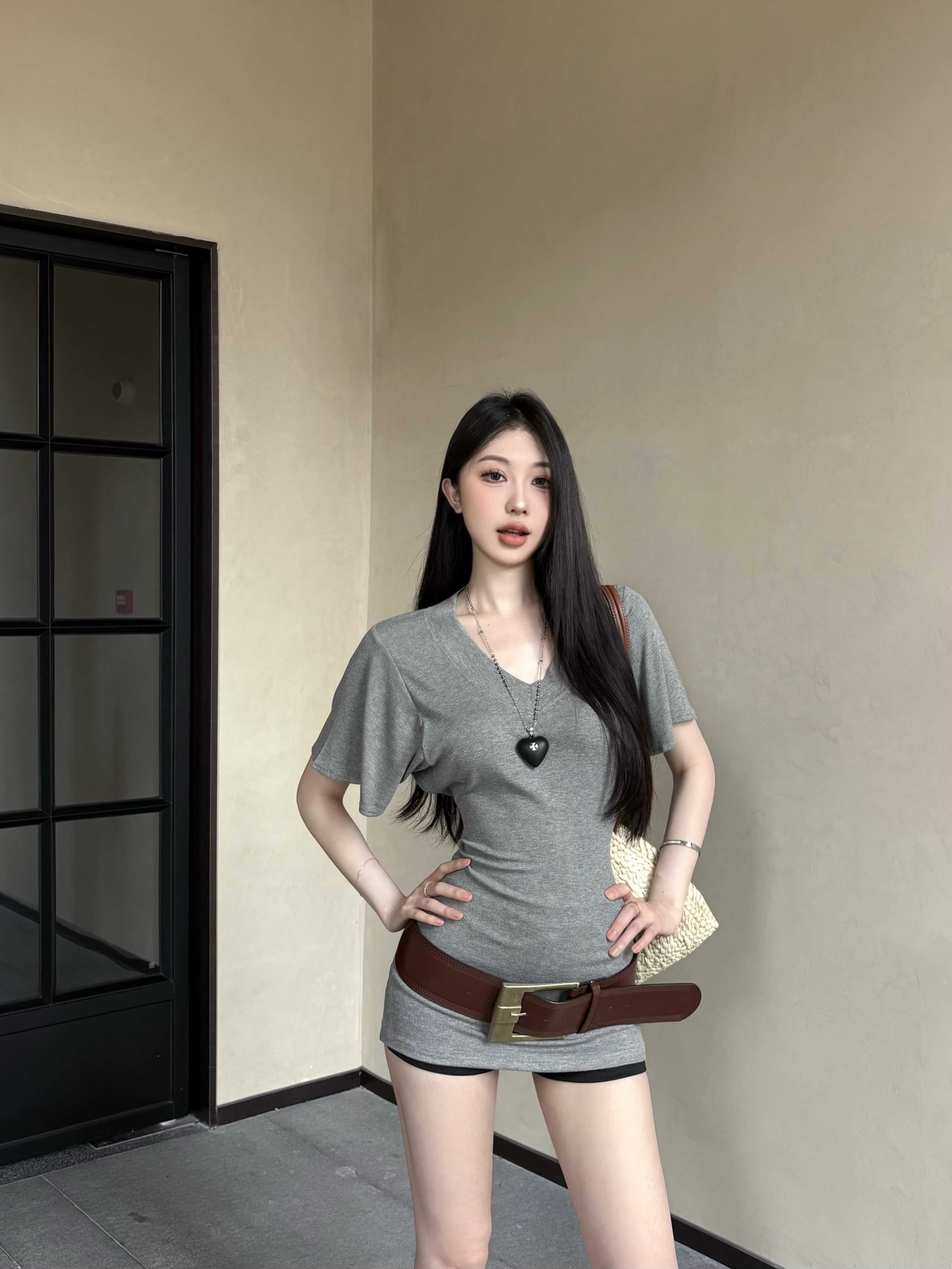 실사 정가 느긋한 바람 루즈핏 V넥 반팔 t 기본 셔츠 블라우스 반바지 세트