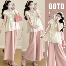 批发实拍新款夏装镂空蕾丝上衣孕妈宽松显瘦短袖+阔腿裤套装