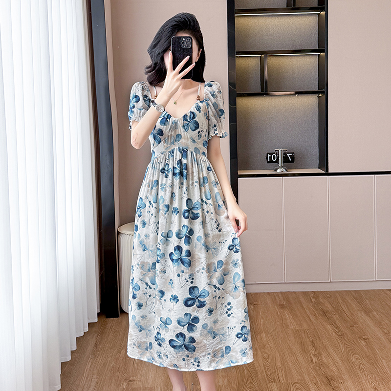 RY515# 沙滩海边度假2026春季新款法式气质显瘦收腰短袖连衣裙女长裙