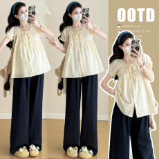 批发实拍新款夏装孕妇钩花棉布衬衣+天丝牛仔阔腿裤