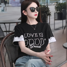 批发重工烫钻蕾丝拼接短袖<b class='q'>t</b><b class='q'>恤</b>女夏季2026新款设计感小众独特别致上衣