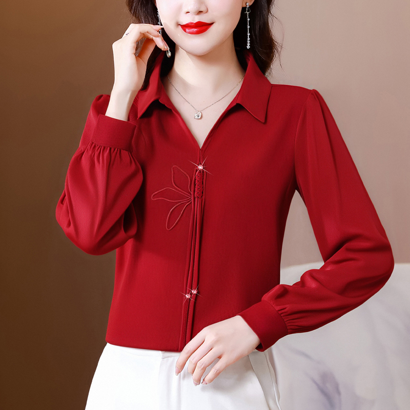 MY13524# 新款衬衣女长袖时尚气质显瘦简约绣花休闲百搭纯色上衣女裝貨...