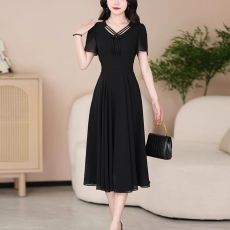 批发中长款贵夫人气质v领雪纺连衣裙2024年夏季新款短袖修身收腰裙子