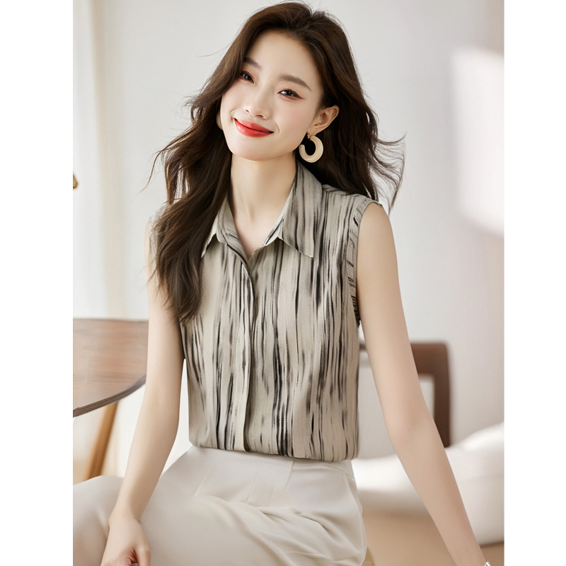 실사 2026 여름 고급 쉬폰 실크 여성 스트라이프 조끼 셔츠 칼라 민소매 루즈핏 맨위
