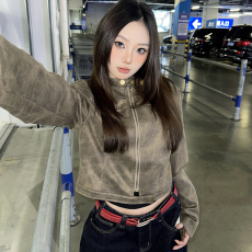 批发美式复古皮衣女短款PU皮夹克外套甜酷辣妹风长袖开衫上衣2025春季