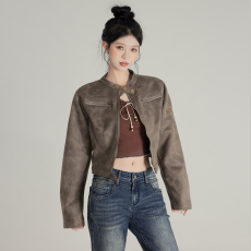批发美式复古皮衣女短款PU皮夹克外套甜酷辣妹风长袖开衫上衣2025春季