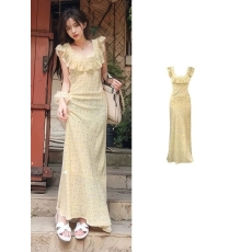 批发法式复古碎花<b class='q'>连衣裙</b>中长款气质淑女方领<b class='q'>荷叶边</b>裙子女夏季过膝长裙