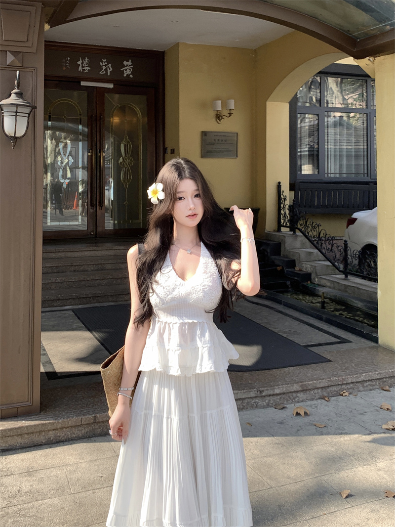 정가 실사 디자인 센스 순수한 욕망 레이스 자수 행침 목 캐미솔 플리츠 루즈핏 큰 진자 한 마디 롱 스커트