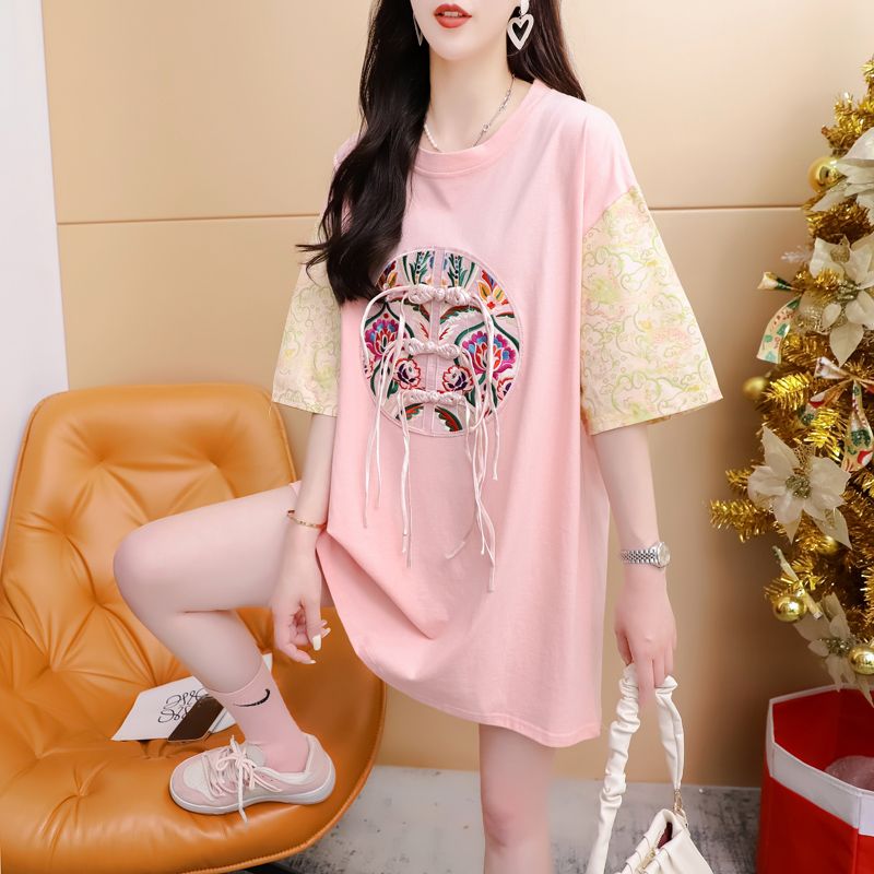 MY2640# 夏季纯棉大码300斤重工刺绣拼色短袖T恤女女裝貨源服裝批發