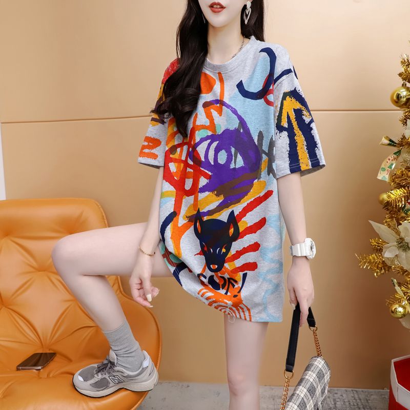 MY2638# 夏季潮牌棉抖音质量爆款涂鸦大码短袖T恤女女裝貨源服裝批發