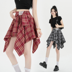 批发实拍假两件绑带格子<b class='q'>半身</b>裙女夏季设计感不规则显瘦洋气减龄短裙潮