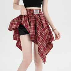 批发实拍假两件绑带格子<b class='q'>半身</b>裙女夏季设计感不规则显瘦洋气减龄短裙潮