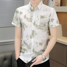 批发微弹冰丝夏季短袖衬衫男士韩版修身痞帅气ins潮牌休闲薄款男衬衣