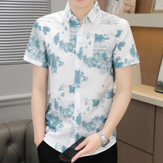 批发微弹冰丝夏季短袖衬衫男士韩版修身痞帅气ins潮牌休闲薄款男衬衣