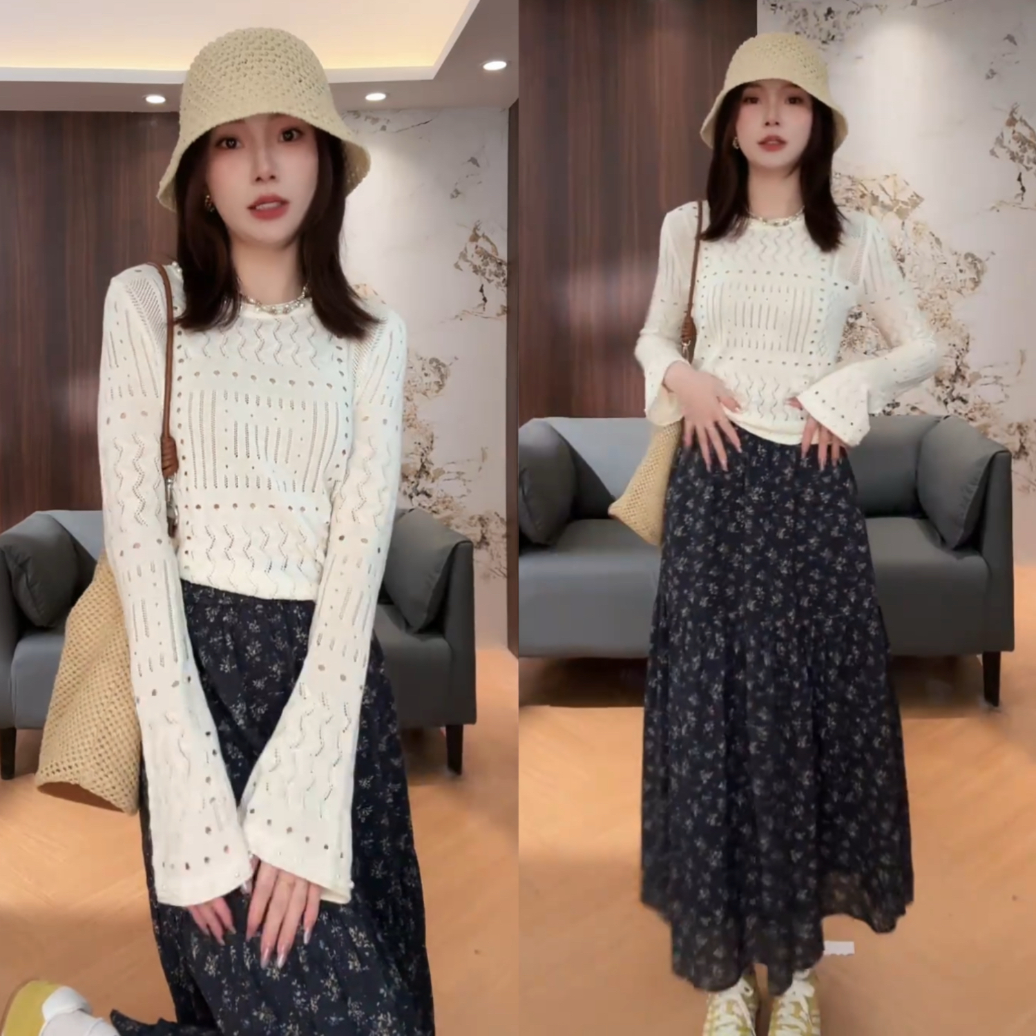 이른 봄 착용 가져 가라. 전체 집합 여성 의류 느긋한 바람 긴팔 니트 홀로우 아웃 맨위 반신 치마 세트 외국 가스 옷 여성