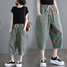 批发实拍胖妹妹夏季文艺印花<b class='q'>牛仔</b>裤宽松百搭<b class='q'>哈伦</b>裤松紧腰系带七分裤女