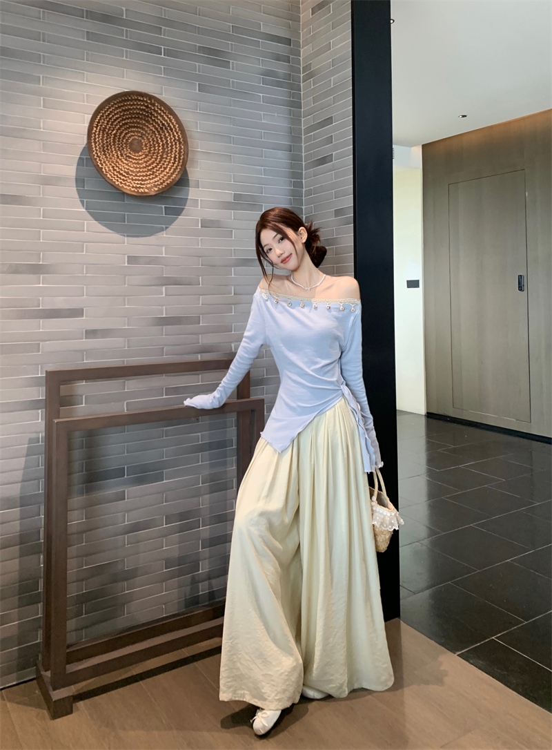 실사 정가 순수한 욕망 바람 보트넥 불규칙 맨위 하이웨이스트 루즈핏 와이드 레그 팬츠 큰 진자 우산 치마 트렌디