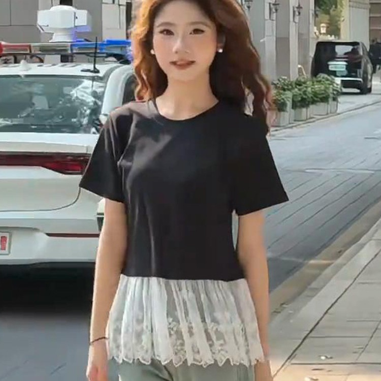 여름 드레스 빅 사이즈 발레 바람 레이스 조각 반팔 티셔츠 지방 mm 슬림해 보이는 인사이드 가져 가라. 만나는 맨위 m-4xl200 근