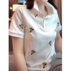 批发重工蜜蜂刺绣翻领短袖<b class='q'>T</b><b class='q'>恤</b>女2026夏季新款潮流时尚百搭显瘦上衣潮