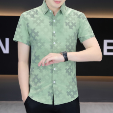 批发微弹冰丝夏季短袖衬衫男士韩版修身痞帅气ins潮牌休闲薄款男衬衣