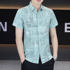 批发微弹冰丝夏季短袖衬衫男士韩版修身痞帅气ins潮牌休闲薄款男衬衣