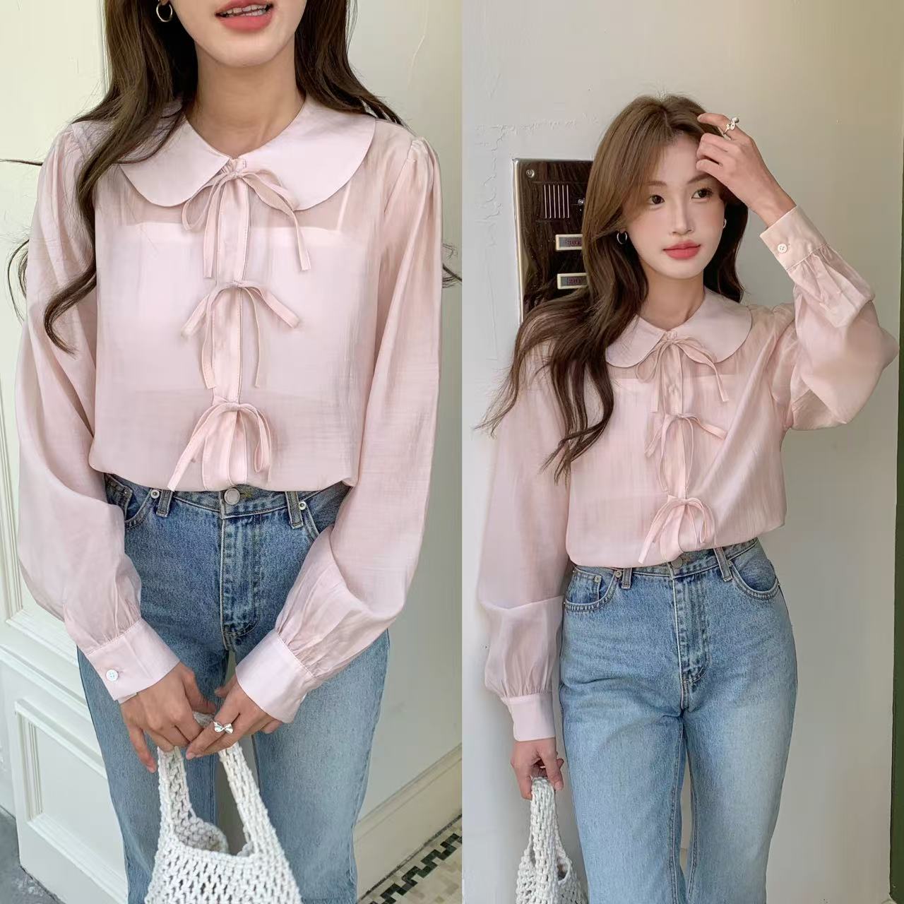 실사 핑크색 소녀 심장 피터 팬 칼라 나비 넥타이 긴팔 셔츠 루즈핏 마이크로 ~을 통해 작은 셔츠