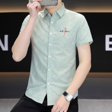 批发新款短袖衬衫男装时尚潮流韩版修身男士衬衣青少年休闲上衣刺绣花