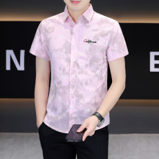 批发新款短袖衬衫男装时尚潮流韩版修身男士衬衣青少年休闲上衣刺绣花