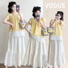 批发实拍 2026夏季新款格子拼接甜美可爱时尚潮妈上衣+托腹半身裙