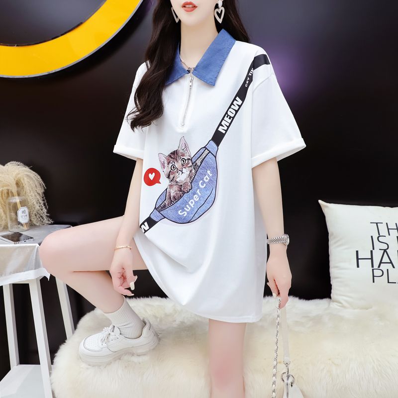 MY2639# 夏季潮牌棉大码300斤牛仔领印花短袖T恤女女裝貨源服裝批發