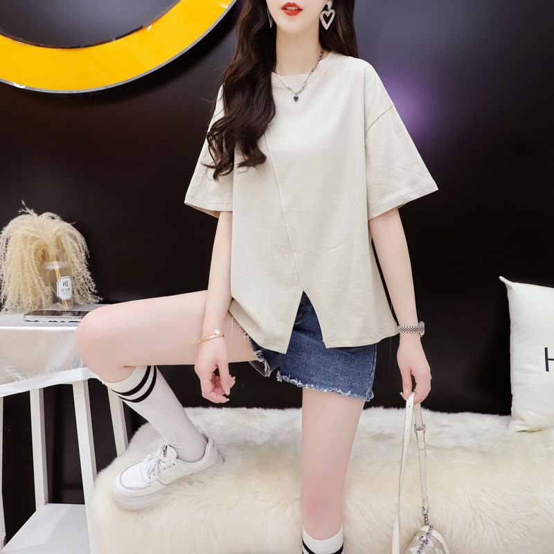 MY2632# 夏季纯棉设计感小众开叉小个子短款短袖T恤女女裝貨源服裝批發